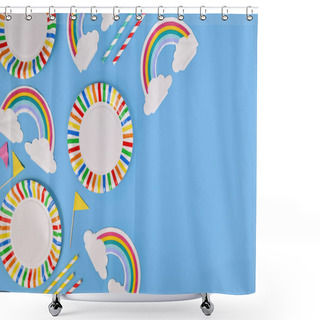 Personality  Party Flat Lay With Colorful Plates, Rainbow Napkins And Drinking Straws On Blue Background With Copy Space Shower Curtains