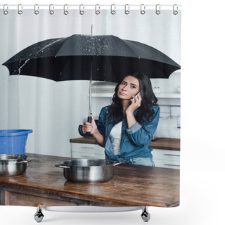 Personality  Sad Woman Talking On Smartphone And Holding Umbrella Under Leaking Ceiling In Kitchen Shower Curtains