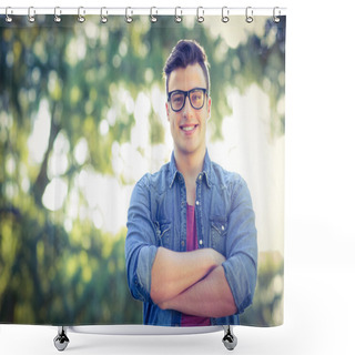 Personality  Happy Hipster Looking At Camera Shower Curtains