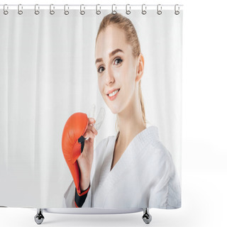 Personality  Smiling Female Karate Fighter Holding Mouthguard Isolated On White Shower Curtains