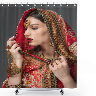 Personality  Attractive Indian Woman In Traditional Sari And Bindi, Isolated On Grey  Shower Curtains