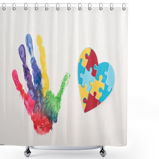 Personality  Top View Of Colorful Handprint And Puzzle Heart On White For World Autism Awareness Day Shower Curtains