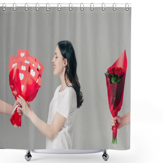Personality  Smiling Girl Taking Bouquet Of Red Paper Cut Cards Near Male Hand With Bouquet Of Roses Isolated On Grey Shower Curtains