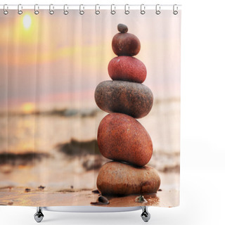 Personality  Stones Pyramid On Sand Symbolizing Zen, Harmony, Balance Shower Curtains