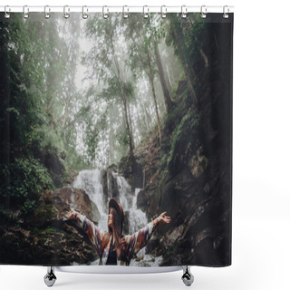 Personality  Happy Stylish Traveler Girl In Hat Relaxing At Waterfall, Atmospheric Moment Of Success. Hipster Woman With Backpack Travelling, Hands Up. Space For Text. Wanderlust And Travel Concept Shower Curtains