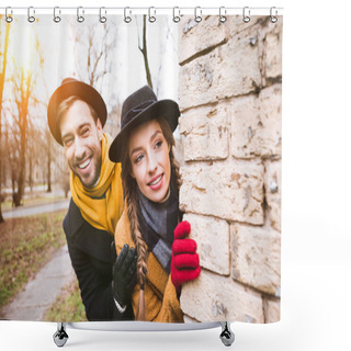 Personality  Cheerful Young Couple In Autumn Outfit Looking At Corner Shower Curtains