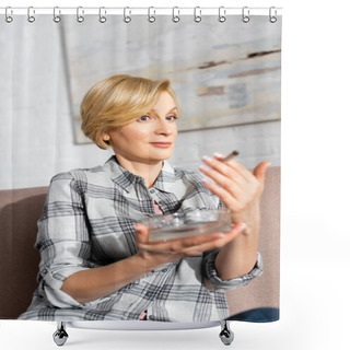 Personality  Selective Focus Of Surprised Mature Woman Holding Joint With Legal Marijuana And Ashtray  Shower Curtains
