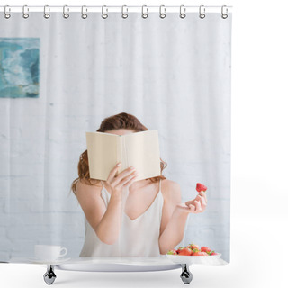 Personality  Woman With Cup Of Coffee And Bowl Of Strawberries Covering Face With Book Shower Curtains