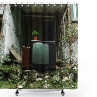 Personality  Retro Tv Near Travel Bag On Green Stairs With Mold  Shower Curtains
