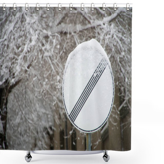 Personality  Snowbound Road Sign: National Speed Limit Applies Against A Snow Shower Curtains
