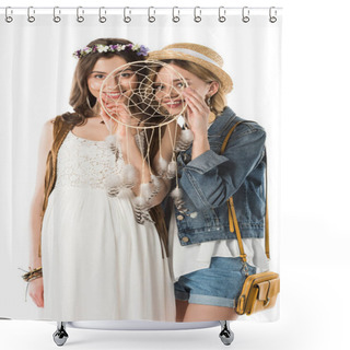 Personality  Smiling Bisexual Couple With Dreamcatcher Isolated On White Shower Curtains