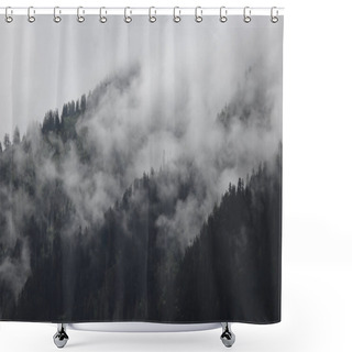Personality  Foggy Clouds Rising From Dark Alpine Mountain Forest Shower Curtains