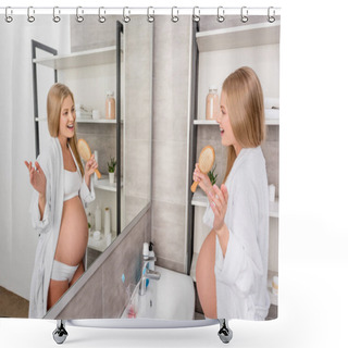 Personality  Happy Pregnant Woman In Underwear Singing In Hairbrush And Looking At Mirror In Bathroom Shower Curtains