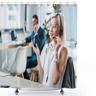 Personality  Selective Focus Of Happy Operator Touching Headset, Talking And Gesturing Near Coworker  Shower Curtains