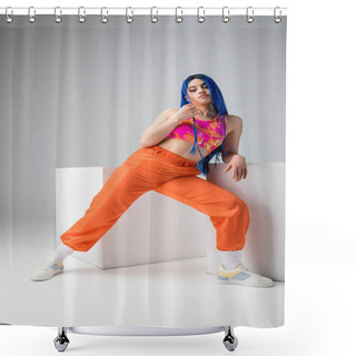 Personality  Modern Subculture, Tattooed Woman With Blue Hair Posing In Colorful Clothes Near White Cubes On Grey Background, Full Length, Individualism, Modern Style, Urban Fashion, Vibrant Color, Young Model  Shower Curtains
