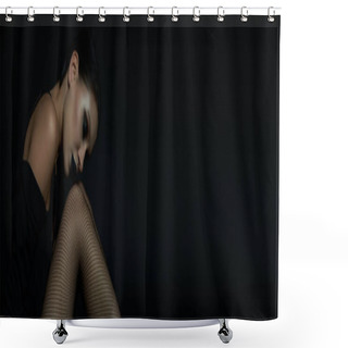 Personality  Mysterious Woman With Closed Eyes And Dark Makeup Sitting In Fishnet Tights On Black, Banner Shower Curtains
