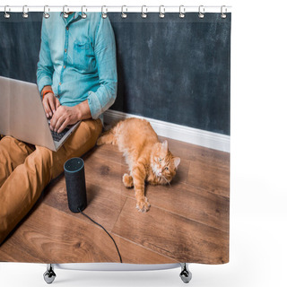 Personality  Work From Home With Funny Lazy Red Cat Pet. Man Sitting On Laminate Wooden Floor With Laptop Computer And Smart Speaker Alexa. Ginger Pet Cat Lying. Home Office. Remote Work Shower Curtains