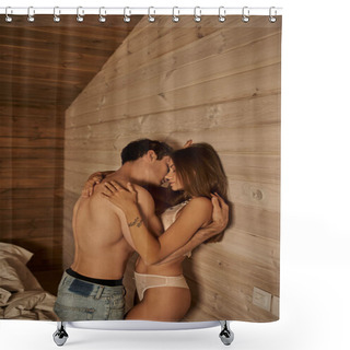 Personality  Shirtless Man Hugging Passionate Woman With Tattoo On Hand In Vacation House, Sexy Couple Shower Curtains
