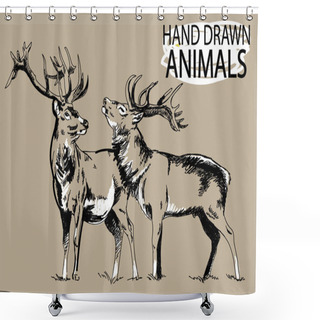 Personality  Deer Head. A Set Of Images. Drawing By Hand In Vintage Style. Deer With Big Horns. Shower Curtains