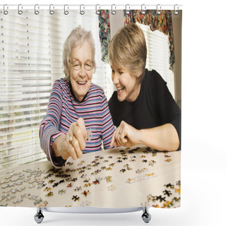 Personality  Elderly Woman And Younger Woman Doing Puzzle Shower Curtains