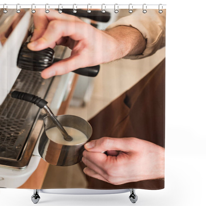 Personality  Cropped view of barista filling up steel milk jug shower curtains
