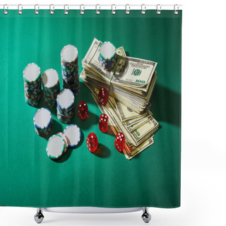 Personality  High Angle View Of Dollar Banknotes, Dice And Casino Tokens On Green Shower Curtains