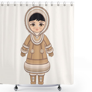 Personality  North Girl. The Girl In Chukcha Dress. Historical Clothes. The Far North. Colorful Drawing. Shower Curtains