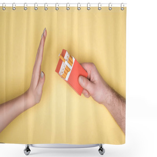 Personality  Cropped View Of Young Woman Refuses Cigarettes Isolated On Yellow, Stop Smoking Concept Shower Curtains