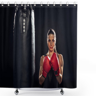 Personality  Front View Of Boxer In Red Boxing Gloves Standing Near Punching Bag On Black Shower Curtains