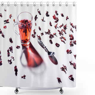 Personality  Glass Cup Of Hibiscus Tea With Spoon And Scattered Tea On Table Shower Curtains