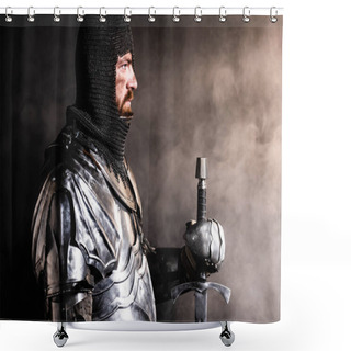 Personality  Side View Of Handsome Knight In Armor Holding Sword On Black Background Shower Curtains