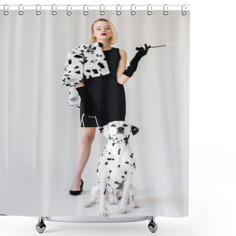 Personality  Attractive Stylish Blonde Woman In Black Dress Looking At Dalmatian Dog On White Shower Curtains