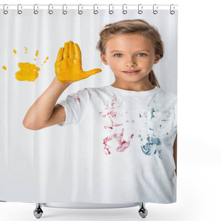 Personality  Cute Kid Showing Yellow Paint On Hand Near Yellow Hand Print On White  Shower Curtains