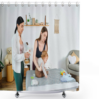 Personality  A Young, Beautiful Mother Stands Beside Her Baby On A Bed, Under The Guidance Of A Coach At Parents Courses. Shower Curtains