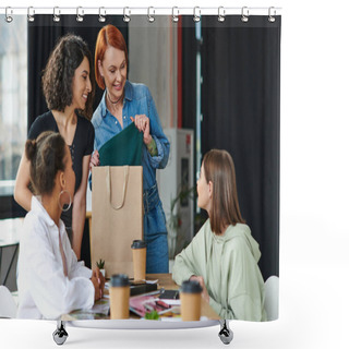 Personality  Redhead Woman With Shopping Bag Showing Purchase To Smiling Multiethnic Girlfriends Near Paper Cups With Takeaway Drinks In Cozy Atmosphere Of Women Interest Club, Sharing Joy And Positive Emotions  Shower Curtains