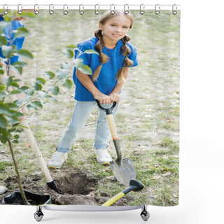 Personality  Girl Looking At Camera While Holding Shovel Near Mother And Young Green Tree, Ecology Concept Shower Curtains