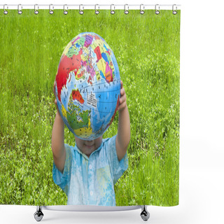 Personality  Boy Holding The Earth Model On The Grass Shower Curtains