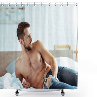 Personality  Handsome And Muscular Man Lying On Bed And Looking Away In Bedroom  Shower Curtains