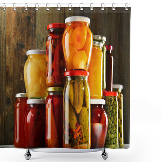 Personality  Jars With Pickled Vegetables, Fruity Compotes And Jams Isolated  Shower Curtains