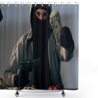 Personality  Terrorist In Mask Holding Gun And Showing Dollar Banknotes Shower Curtains