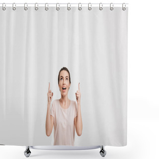 Personality  Beautiful Girl Pointing On Something And Looking Up Isolated On White Shower Curtains
