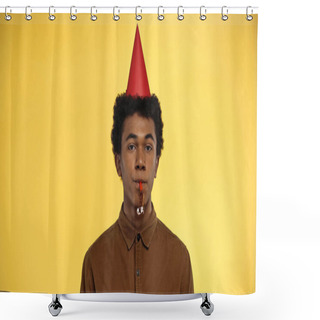 Personality  African American Teenager In Party Cap Blowing Horn Isolated On Yellow Shower Curtains