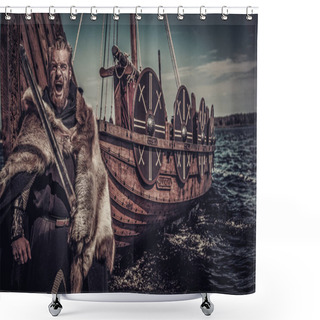 Personality  Viking Warrior With Sword Standing Near Drakkar  Shower Curtains