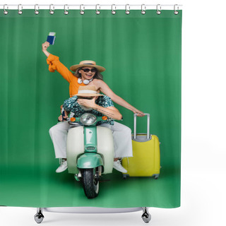 Personality  Cheerful Middle Aged Asian Woman In Sun Hat Holding Passport Near Husband Covering Eyes While Riding Motor Scooter On Green Shower Curtains