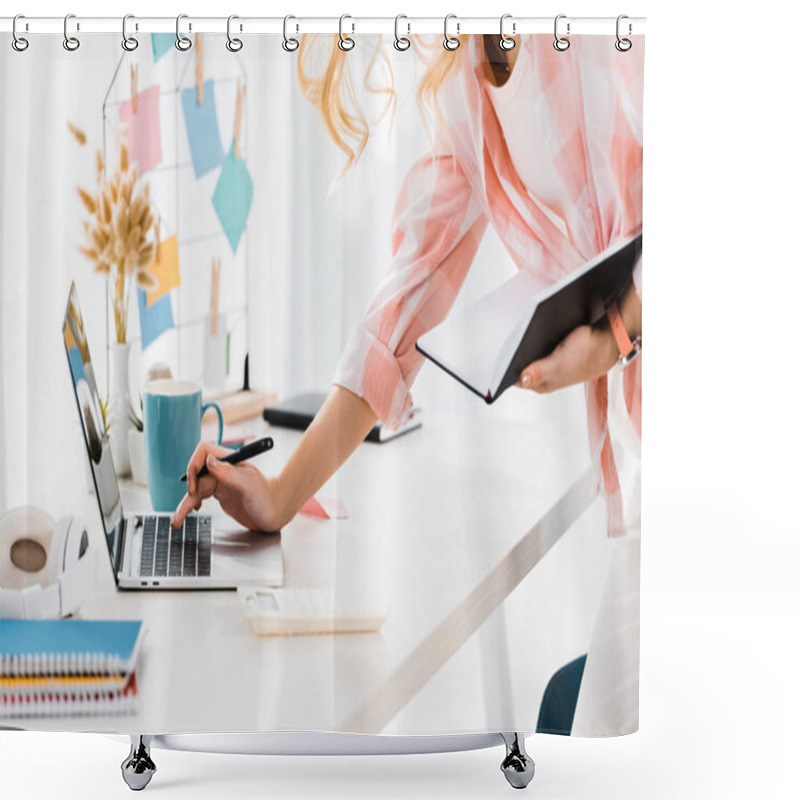 Personality  Partial View Of Woman With Notebook And Pen Typing On Laptop Keyboard Shower Curtains