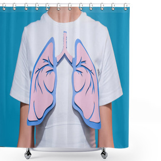 Personality  Partial View Of Woman In White Tshirt With Paper Crafted Lungs On Blue Backdrop Shower Curtains