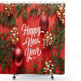 Personality  Top View Of Shiny Christmas Decoration And Thuja On Red Background With Happy New Year Lettering Shower Curtains