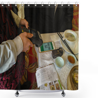Personality  Zhongshan,China-February 1, 2018:doing Payment At A Restaurant Via Wechat Money On Mobile.Wechat Or Alipay For Payment And Money Transfering Via Mobile Becomes Very Common And Popular In China,fast And Safe. Shower Curtains