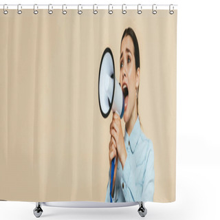 Personality  Brunette Woman In Denim Shirt Screaming In Loudspeaker Isolated On Beige, Panoramic Shot Shower Curtains