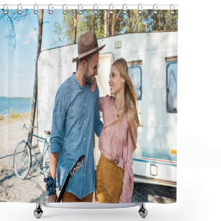 Personality  Young Hippie Couple Hugging And Walking Near Trailer Shower Curtains